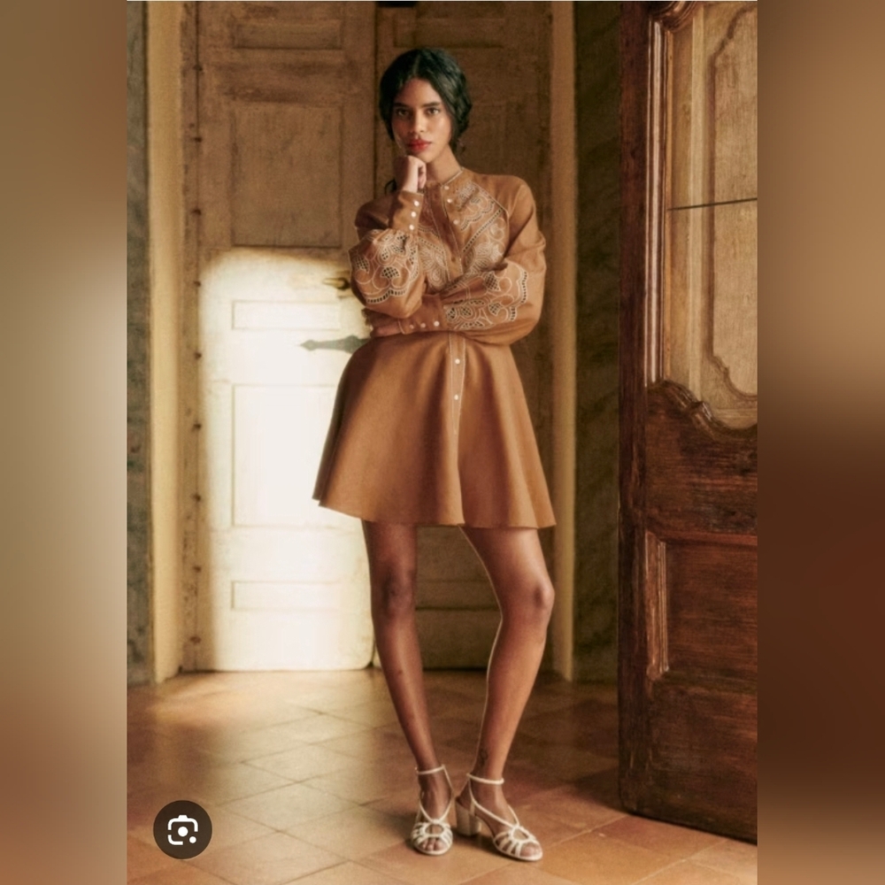 Sézane Caprice Dress in Tan Brown With Embroidered Border Size 6 With Gift Bag